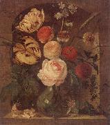 unknow artist Still life of various flowers in a glass vase,set in a niche oil painting
